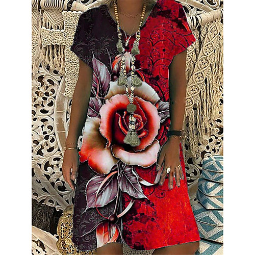 

Women's A Line Dress Knee Length Dress White Red Short Sleeve Floral Summer V Neck Elegant Casual 2021 S M L XL XXL 3XL 4XL 5XL