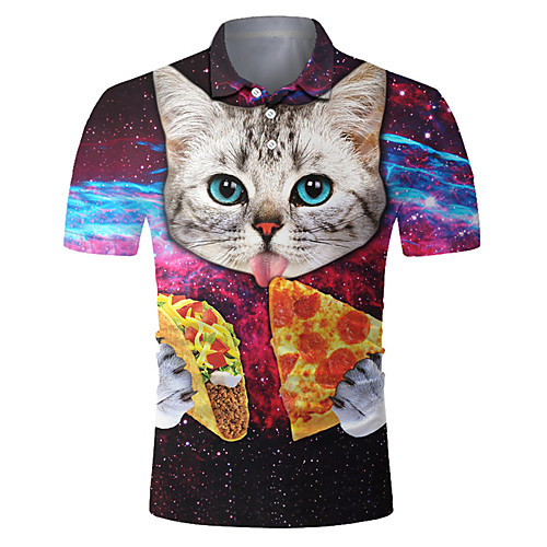 

Men's Golf Shirt Tennis Shirt 3D Print Cat Pizza Animal Button-Down Short Sleeve Street Tops Casual Fashion Cool Breathable Fuchsia / Sports