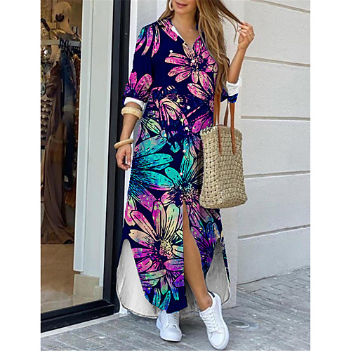 

Women's Shirt Dress Maxi long Dress Blue Long Sleeve Floral Print Print Spring Summer Shirt Collar Casual Holiday 2021 S M L XL XXL 3XL