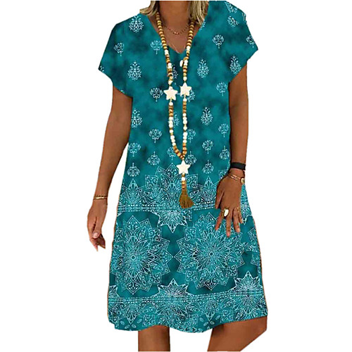 

Women's T Shirt Dress Tee Dress Knee Length Dress Blue Gray Green Short Sleeve Print Summer V Neck Casual 2021 S M L XL XXL 3XL 4XL 5XL
