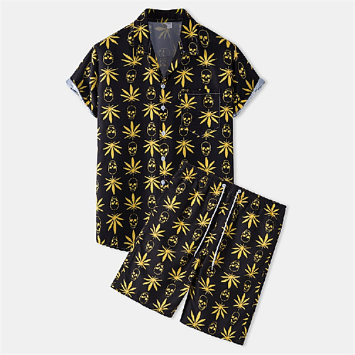 

Men's Shirt Suits Shirt Skull Leaves Button-Down Short Sleeve Casual Tops Cotton Casual Fashion Hawaiian Breathable Black