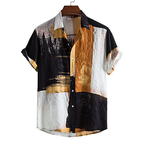 

Men's Shirt Color Block Button-Down Short Sleeve Casual Tops Casual Fashion Breathable Comfortable Yellow Green