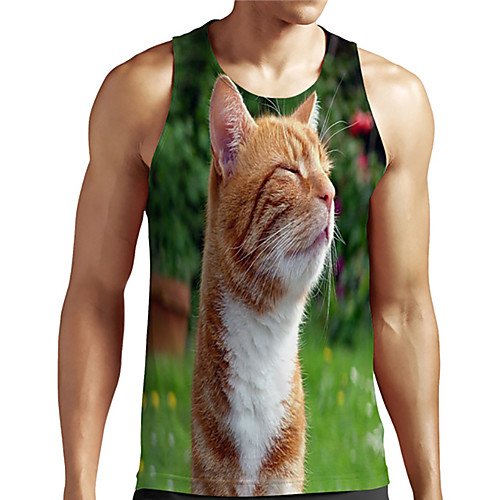 

Men's Unisex Tank Top Undershirt 3D Print Cat Graphic Prints Animal Plus Size Print Sleeveless Casual Tops Basic Designer Big and Tall Green