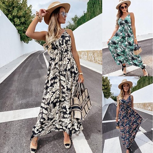 

Women's Strap Dress Maxi long Dress White flower Green flower Navy blue flower Sleeveless Pattern Summer Casual 2021 S M L XL 2XL