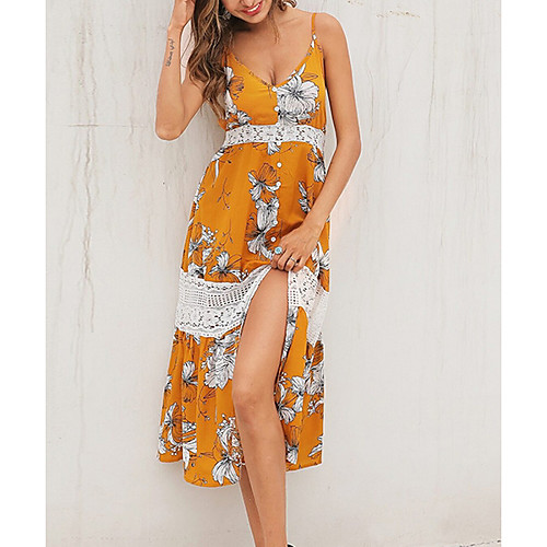 

Women's Strap Dress Midi Dress Yellow Sleeveless Floral Color Block Patchwork Print Fall Summer cold shoulder Casual 2021 S M L XL