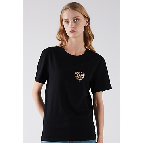 

Women's T shirt Heart Print Round Neck Basic Tops Black Khaki Green