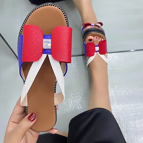 

Women's Sandals Outdoor Slippers Flat Heel Round Toe PU Color Block Yellow Light Red Silver