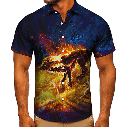 

Men's Shirt 3D Print Graphic Prints Wolf Button-Down Short Sleeve Street Tops Casual Fashion Classic Breathable Blue