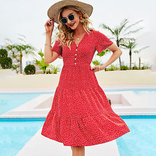 

Women's A Line Dress Knee Length Dress Red Short Sleeve Pattern Summer Casual 2021 S M L XL