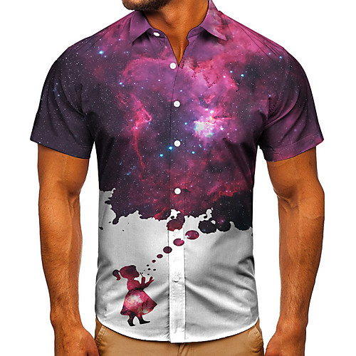 

Men's Shirt 3D Print Galaxy Graphic Prints Button-Down Short Sleeve Street Tops Casual Fashion Classic Breathable Purple