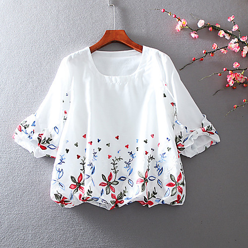 

Women's Plus Size Tops Blouse Shirt Floral Half Sleeve U Neck Hot Spring Summer White Big Size L XL XXL XXXL / Cotton / Cotton