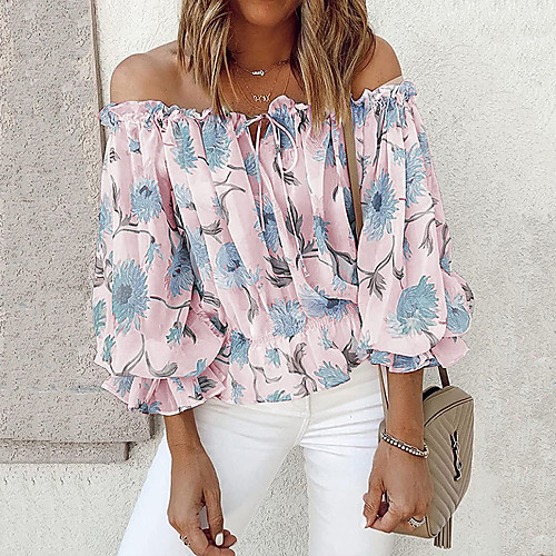 

Women's T shirt Floral Graphic Print Off Shoulder Tops White Blue Blushing Pink