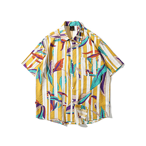 

Men's Shirt Other Prints Tropical Button-Down Print Short Sleeve Casual Tops 100% Cotton Cartoon Distressed White Yellow Gray