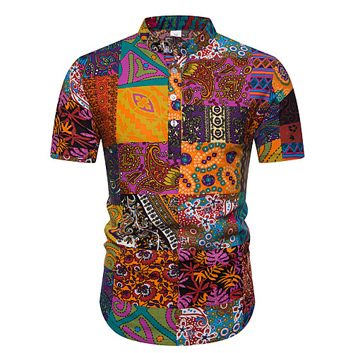 

Men's Shirt Other Prints Graphic Short Sleeve Casual Tops Ethnic Style Yellow