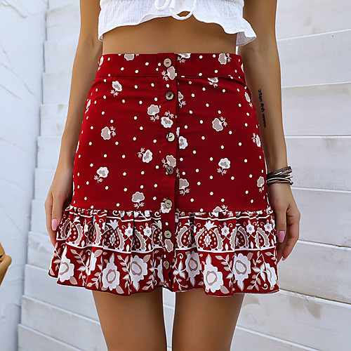 

Women's Daily Weekend Elegant Skirts Floral / Botanical Ruffle Print Wine