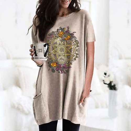 

Women's T shirt Dress Floral Graphic Tribal Round Neck Tops Basic Basic Top Black Wine Army Green