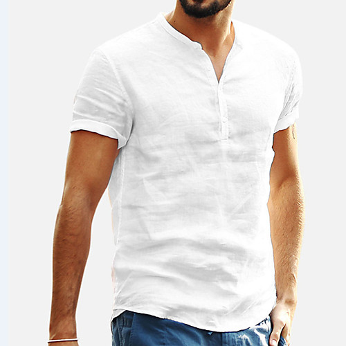 

Men's Shirt Solid Color Button-Down Short Sleeve Casual Tops Lightweight Casual Fashion Breathable Standing Collar Khaki White Black