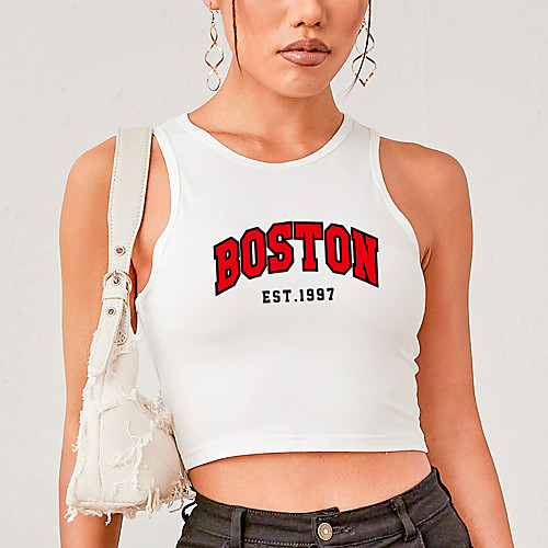 

Women's Tank Top T shirt Graphic Letter Print Round Neck Basic Sexy Tops Slim White Blushing Pink Black / Crop