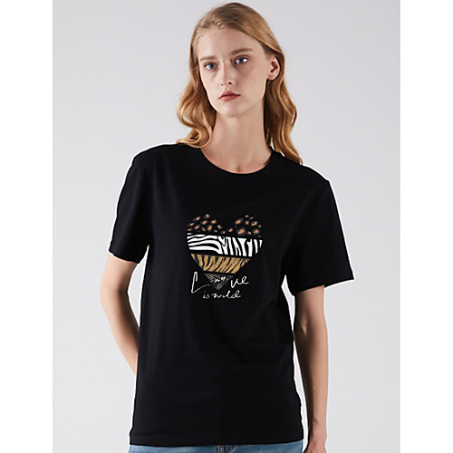 

Women's T shirt Heart Print Round Neck Basic Tops Black Khaki Green