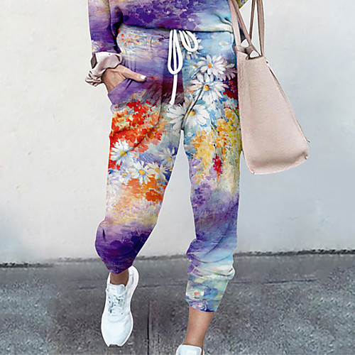 

Women's Basic Soft Comfort Going out Gym Palazzo Pants Flower / Floral Full Length Pocket Elastic Drawstring Design Print Purple Red