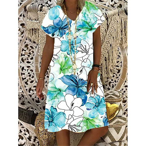 

Women's A Line Dress Knee Length Dress Green Red Short Sleeve Floral Summer V Neck Elegant Casual 2021 S M L XL XXL 3XL 4XL 5XL