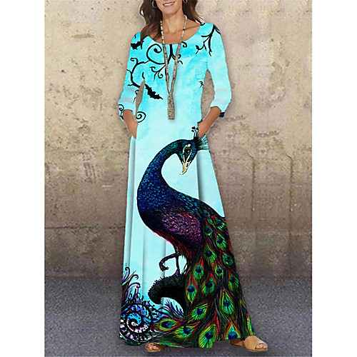 

Women's Shift Dress Maxi long Dress Green 3/4 Length Sleeve Animal Print Spring Summer Round Neck Casual Holiday 2021 S M L XL XXL 3XL