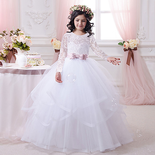 

Ball Gown Sweep / Brush Train Flower Girl Dresses Wedding Lace Long Sleeve Scalloped Neckline with Tier / First Communion