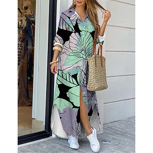 

Women's Shirt Dress Maxi long Dress Green Long Sleeve Floral Print Print Spring Summer Shirt Collar Casual Holiday 2021 S M L XL XXL 3XL