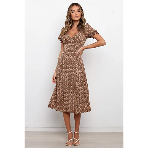 

Women's Sheath Dress Knee Length Dress Brown Short Sleeve Floral Fall Summer V Neck Elegant 2021 S M L XL