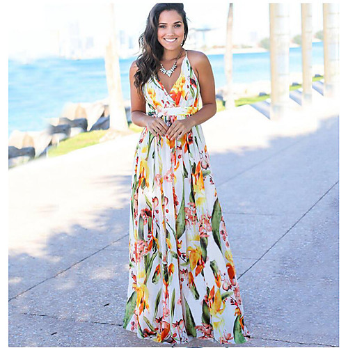 

Women's Strap Dress Maxi long Dress Light Blue Blue Yellow Green White Red Sleeveless Pattern Spring Summer Casual / Daily 2021 S M L XL 2XL
