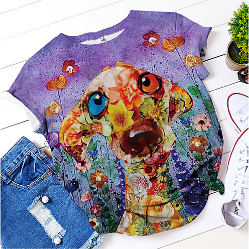 

Women's T shirt Cartoon Print Round Neck Basic Tops Purple Khaki Dark Gray