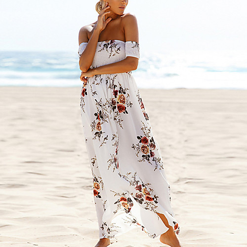 

Women's Sheath Dress Maxi long Dress Khaki White Short Sleeve Floral Backless Print Summer Strapless Elegant Holiday 2021 XS S M L XL XXL 3XL 4XL 5XL