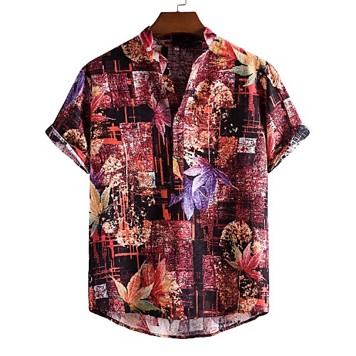 

Men's Shirt Other Prints Graphic Leaves Short Sleeve Daily Tops Ethnic Style Black / Red