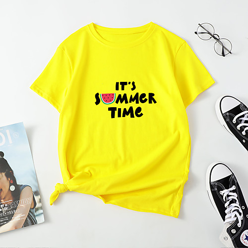 

Women's T shirt Fruit Letter Print Round Neck Tops Cotton Basic Basic Top White Black Blue