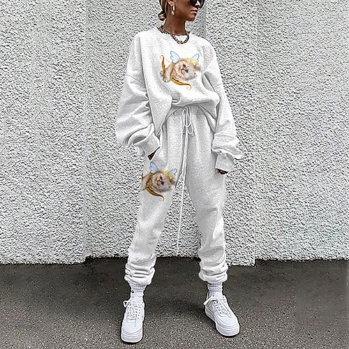 

Women's Basic Streetwear Cat Animal Vacation Casual / Daily Two Piece Set Tracksuit T shirt Pant Loungewear Drawstring Print Tops