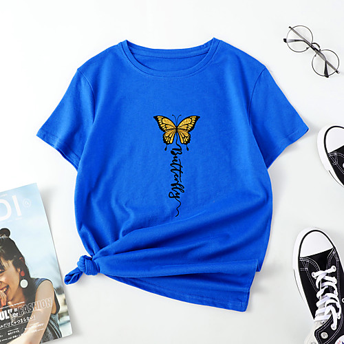 

Women's T shirt Butterfly Letter Print Round Neck Tops Cotton Basic Basic Top White Black Blue