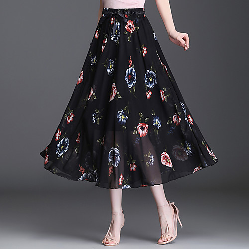 

Women's Going out Weekend Elegant Streetwear Skirts Floral / Botanical Drawstring Black