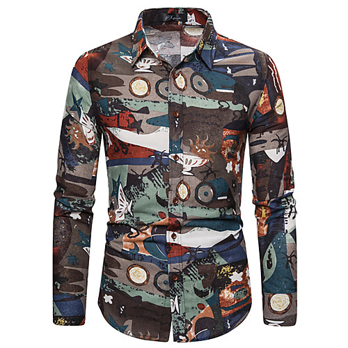 

Men's Shirt Other Prints Graphic Long Sleeve Casual Tops Ethnic Style Light Brown