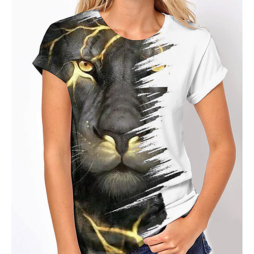 

Women's 3D Cat T shirt Animal Print Round Neck Basic Tops White