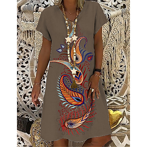 

Women's T Shirt Dress Tee Dress Knee Length Dress Brown Short Sleeve Print Print Spring Summer V Neck Casual Holiday 2021 S M L XL XXL 3XL