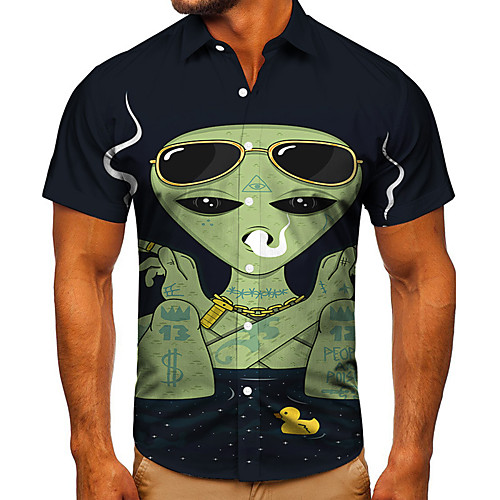 

Men's Shirt 3D Print Graphic Prints Alien Button-Down Short Sleeve Street Tops Casual Fashion Classic Breathable Black