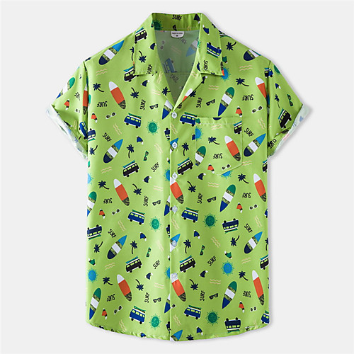 

Men's Shirt Coconut Tree Bus Button-Down Short Sleeve Casual Tops Cotton Casual Fashion Breathable Comfortable Green