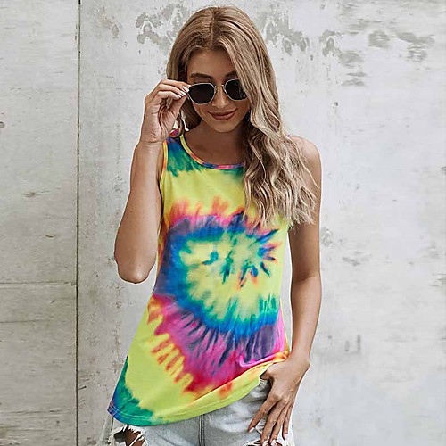 

Women's Vest Camis T shirt Tie Dye Round Neck Basic Streetwear Tops Red Blushing Pink Green