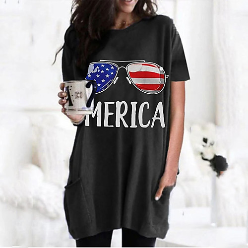 

Women's T shirt Dress Graphic Flag Round Neck Tops Basic Basic Top Black Wine Army Green