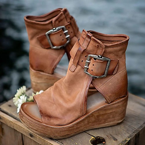 

Women's Sandals Wedge Sandals Platform Sandals Wedge Heel Peep Toe Booties Ankle Boots PU Buckle Solid Colored Light Brown Purple Yellow / Booties / Ankle Boots