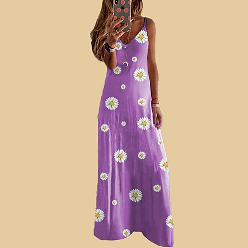 

Women's Strap Dress Maxi long Dress Blue Purple Yellow Wine Gray Khaki Light Blue Sleeveless Floral Print Summer Casual 2021 S M L XL XXL 3XL 4XL 5XL