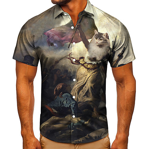 

Men's Shirt 3D Print Cat Graphic Prints Button-Down Short Sleeve Street Tops Casual Fashion Classic Breathable Gray