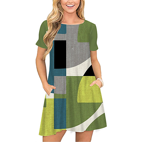 

Women's T Shirt Dress Tee Dress Short Mini Dress Green Short Sleeve Color Block Geometric Pocket Print Spring Summer Round Neck Casual Holiday 2021 S M L XL XXL 3XL