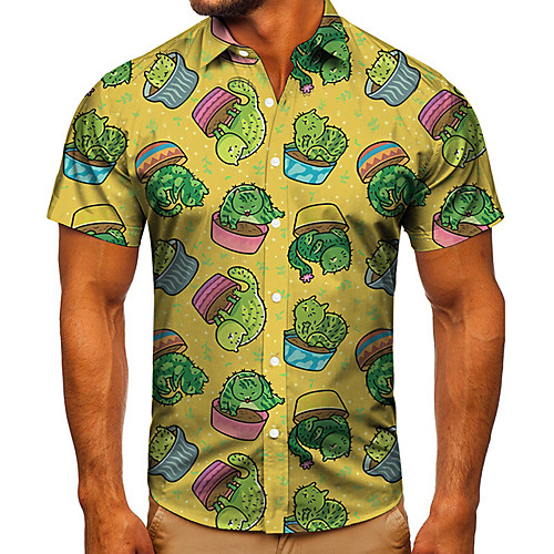 

Men's Shirt 3D Print Cat Graphic Prints Button-Down Short Sleeve Street Tops Casual Fashion Classic Breathable Yellow