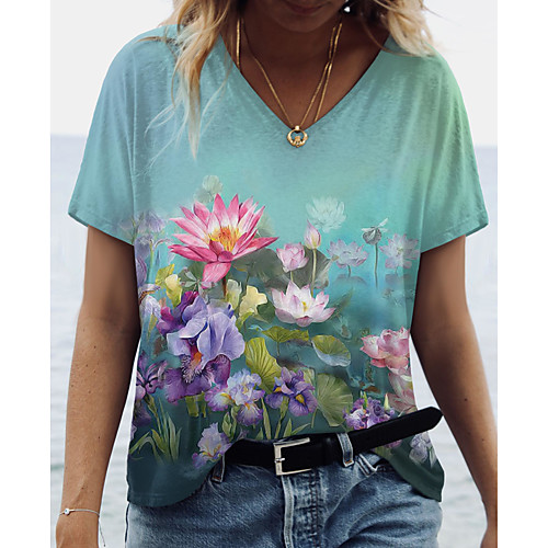 

Women's Floral Theme 3D Printed Painting T shirt Floral 3D Flower Print V Neck Basic Tops Green